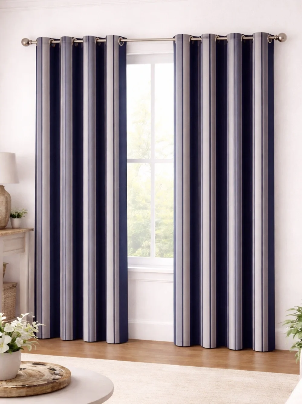 Linden Street Navy Sky Blue Striped Grommet Floor Length Curtain Panels 2